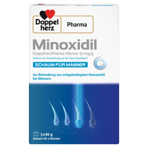 Abbildung der Produktverpackung DoppelherzPharma Minoxidil DoppelherzPharma Männer 50 mg/g Schaum zur Anwendung auf der Haut (Kopfhaut) Frontansicht